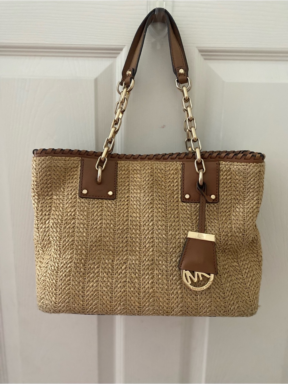 Michael Kors “Rosalie East West” Raffia Tote w/ Brown Leather & Gold Hardware